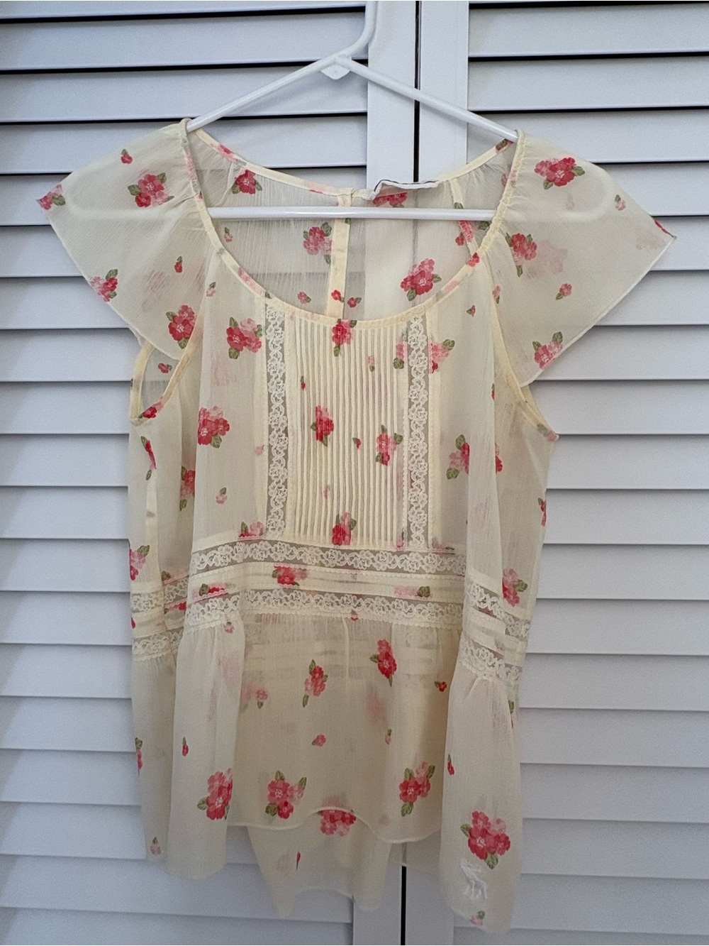 Abercrombie & Fitch Cream Sheer Floral Chiffon Boho Blouse Lace Trim